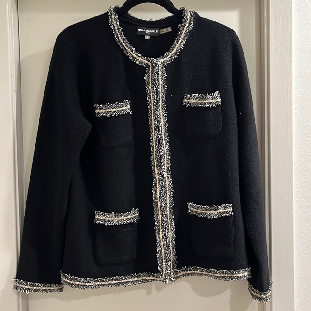 Karl Lagerfeld Black Tailored Blazer with Metallic Trim